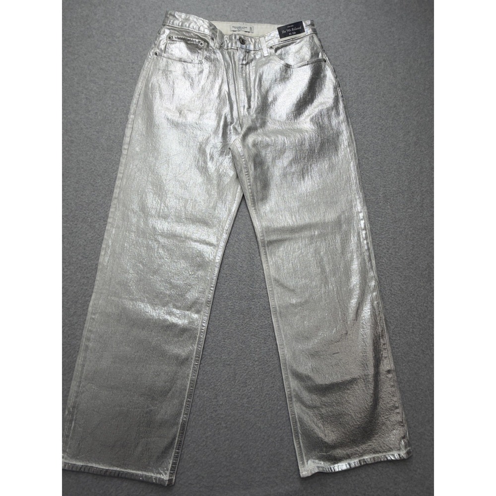 Abercrombie & Fitch 90s Relaxed High Rise Jeans Womens 31 12R Silver Metallic - Picture 2 of 15